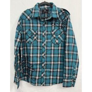 Pop Icon Clothing Buckle Mens XL Turquoise Plaid Button Down Casual‎ Shirt LS